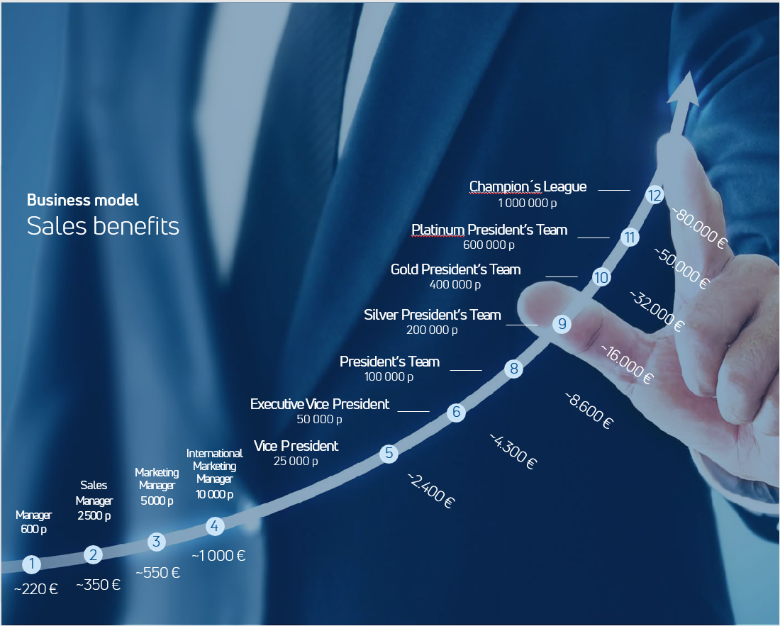 PM International sales benefits showing the different level and corresponding earnings.